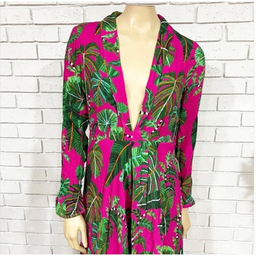 Farm Rio Pink Tropical Leaf Print Deep V-Neck Long Sleeve Maxi Dress Woman - Picture 7 of 14